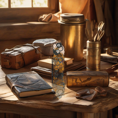 Comic Pop Arrow Wrap gift on rustic table at golden hour camp. | titlex-scene-fathers-day