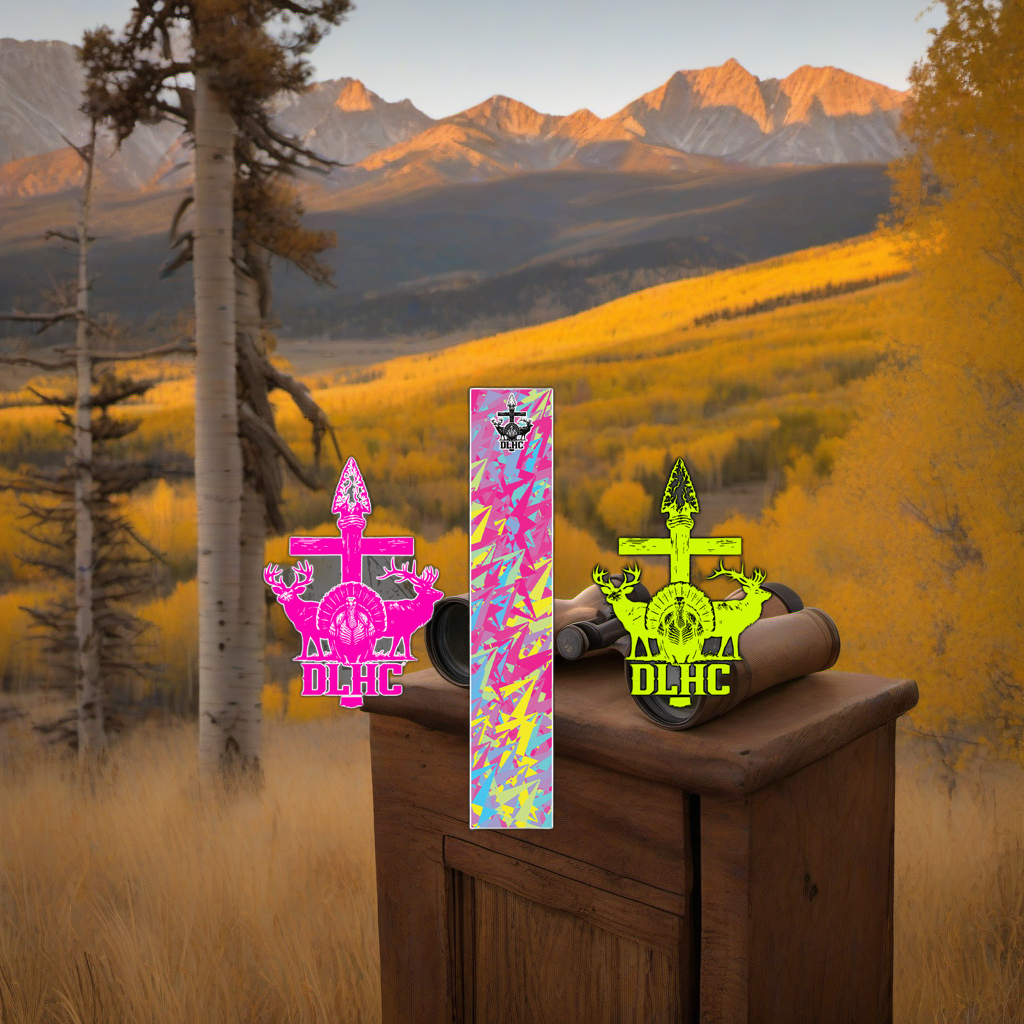 Colorflauge - 6 displayed on weathered wood in a golden aspen elk hunting scene at sunset. | titlex-scene-western-elk