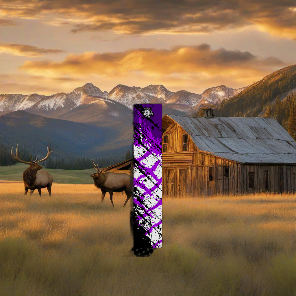 Comic Pop Arrow Wrap on weathered wood, set against golden aspens and distant mountains at sunset. | titlex-scene-western-elk