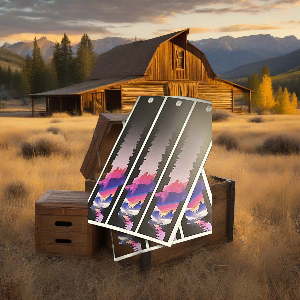 Geo Arrow Wraps on weathered wood in a golden aspen-lined mountain hunting scene at sunset. | titlex-scene-western-elk