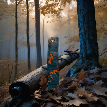 Comic Pop Arrow Wrap on a wooden treestand overlooking a misty Midwest forest at dawn. | titlex-scene-whitetail-treestand