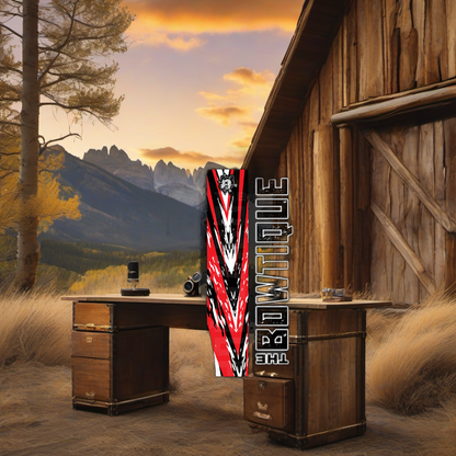Comic Pop Arrow Wrap on weathered wood, set against a golden aspen and mountain sunset backdrop. | titlex-scene-western-elk