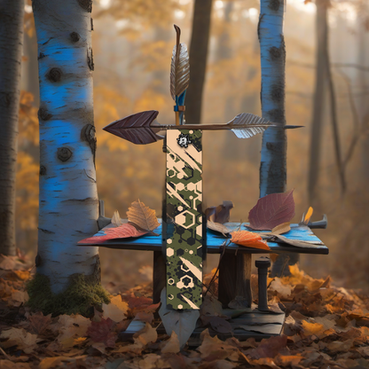 Comic Pop Arrow Wrap on a wooden treestand overlooking a misty, dawn hardwood forest. | titlex-scene-whitetail-treestand