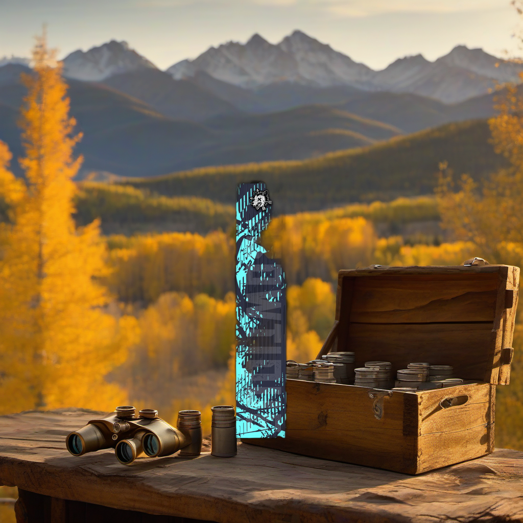 Comic Pop Arrow Wrap on weathered wood, set against golden aspens and distant mountains at sunset. | titlex-scene-western-elk