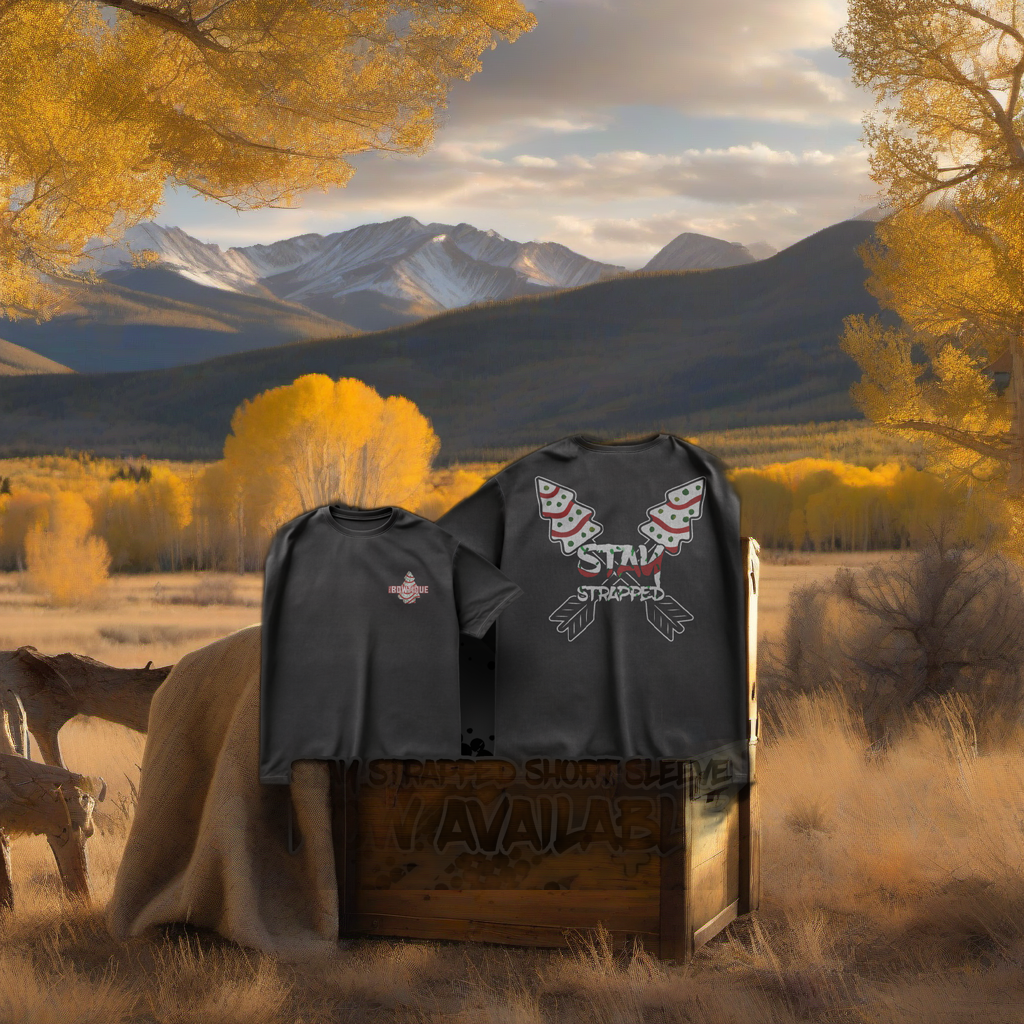 Stay Strapped short sleeve on weathered wood, framed by golden aspens and sunset mountain light. | titlex-scene-western-elk