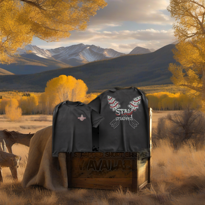 Stay Strapped short sleeve on weathered wood, framed by golden aspens and sunset mountain light. | titlex-scene-western-elk
