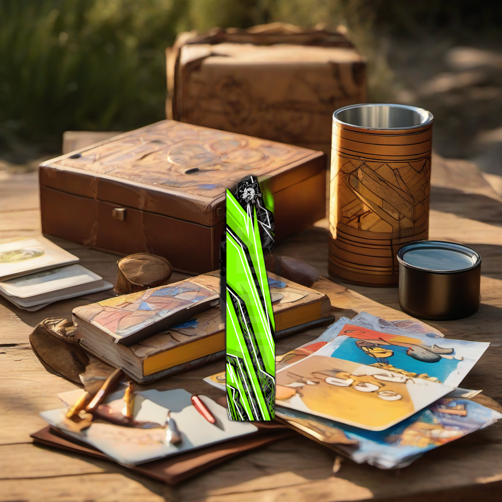 Comic Pop Arrow Wrap gift on rustic table at golden hour camp setting. | titlex-scene-fathers-day