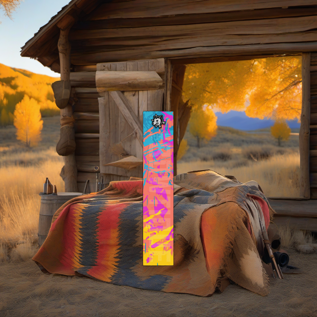 Comic Pop Arrow Wrap on weathered wood in a golden aspen high-country sunset scene. | titlex-scene-western-elk