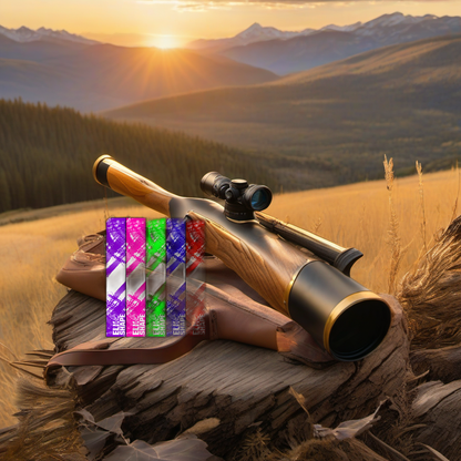 Arrow wraps displayed on weathered wood in a golden aspen-lined mountain setting at sunset. | titlex-scene-western-elk