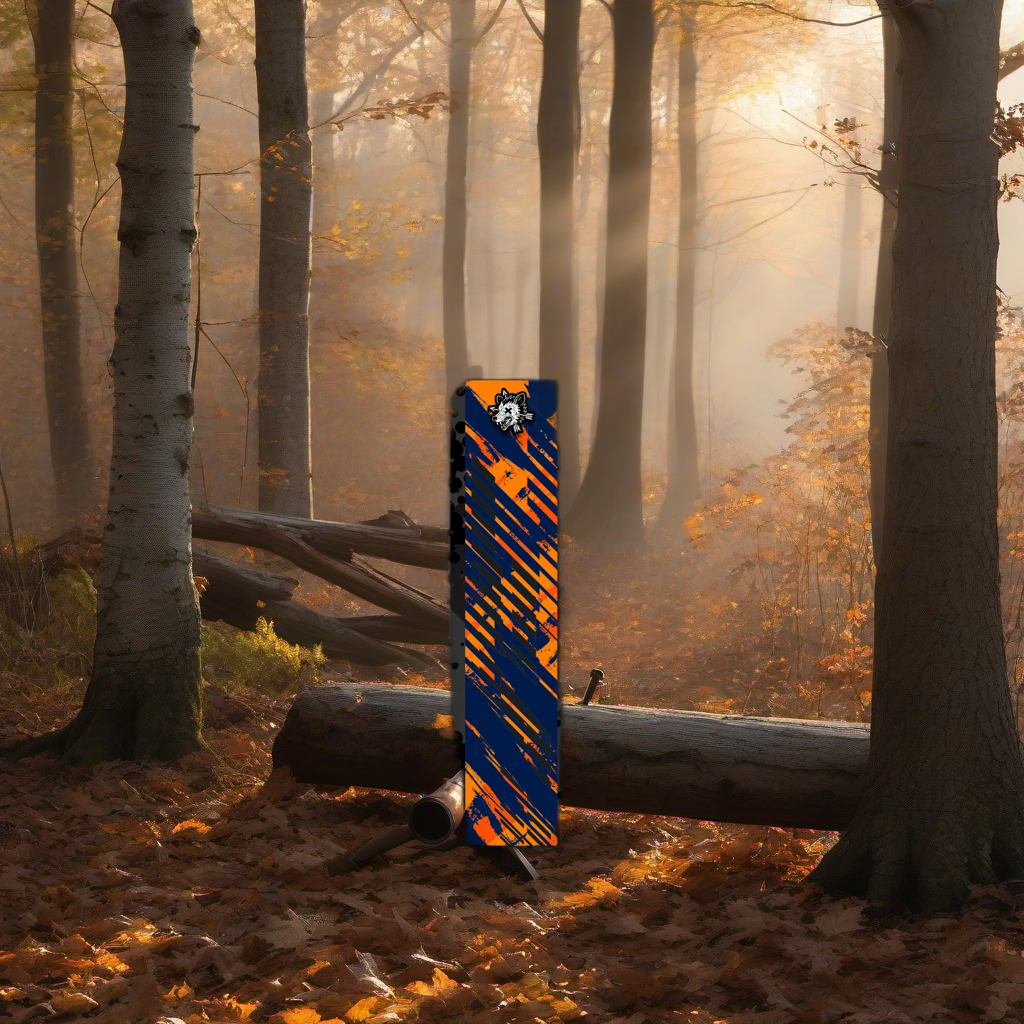 Comic Pop Arrow Wrap on a wooden treestand overlooking a misty, dawn-lit hardwood forest ridge. | titlex-scene-whitetail-treestand