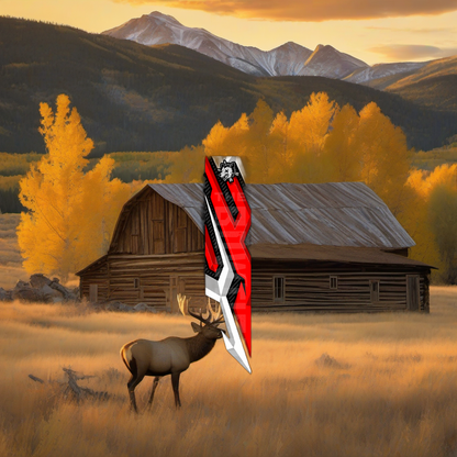 Comic Pop Arrow Wrap on weathered wood in a golden aspen sunset, evoking an elk hunting adventure. | titlex-scene-western-elk