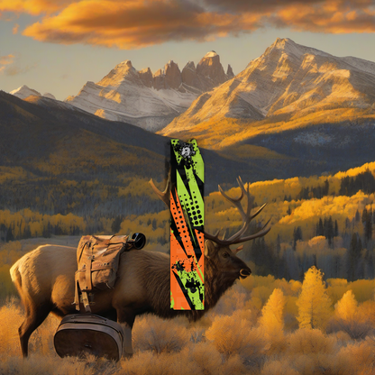 Comic Pop Arrow Wrap on weathered wood in a golden aspen sunset, evoking a high-country elk hunt feel. | titlex-scene-western-elk
