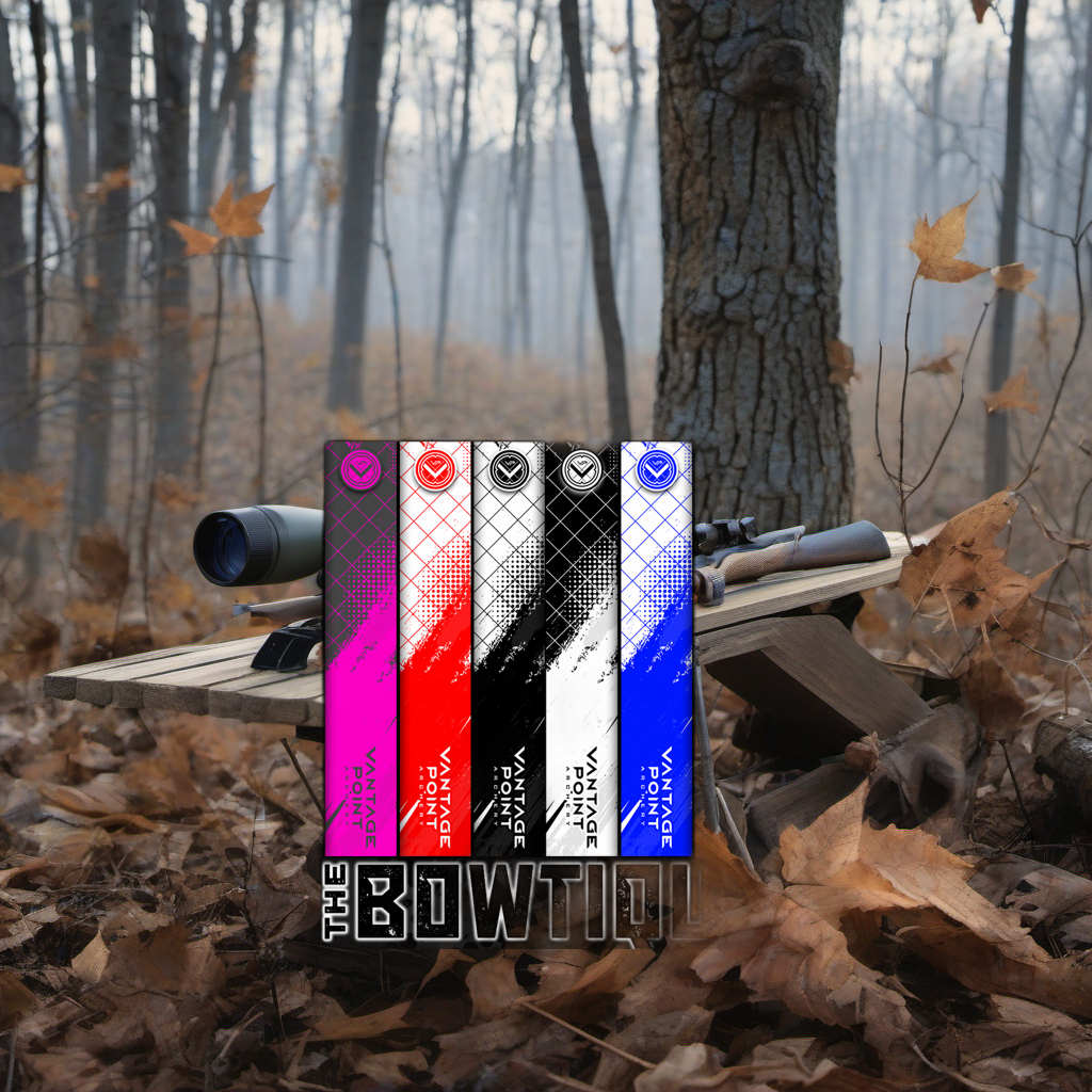 Bowtique x VPA collab on a wooden treestand overlooking a misty, dawn hardwood timber ridge. | titlex-scene-whitetail-treestand