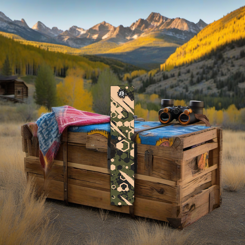 Pop Arrow Wrap on weathered wood in a golden aspen sunset, evoking a high-country elk hunt feel. | titlex-scene-western-elk