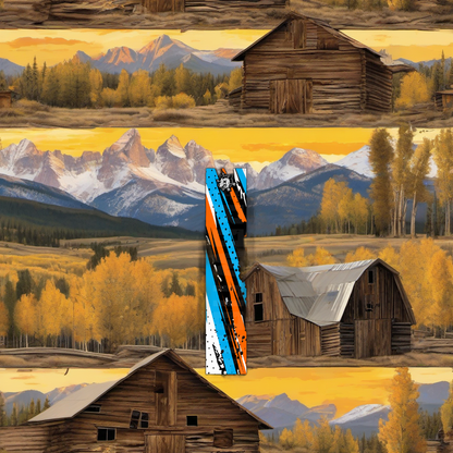 Comic Pop Arrow Wrap on weathered wood, set against golden aspens and distant mountains at sunset. | titlex-scene-western-elk