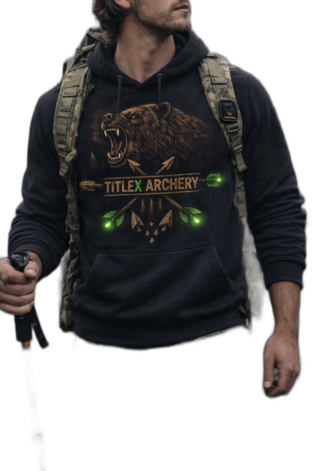 Black hoodie with a graphic of a snarling grizzly bear and "TITLEX ARCHERY" in green and gold. | titlex-cutout
