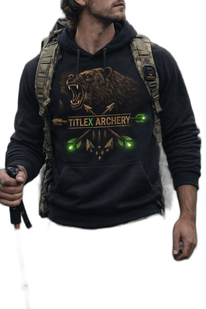 Black hoodie with a graphic of a snarling grizzly bear and "TITLEX ARCHERY" in green and gold. | titlex-cutout