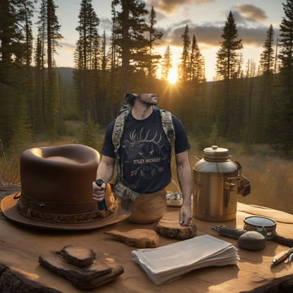 TitleX Archery tee on rustic table at golden hour, perfect Father's Day gift. | titlex-scene-fathers-day
