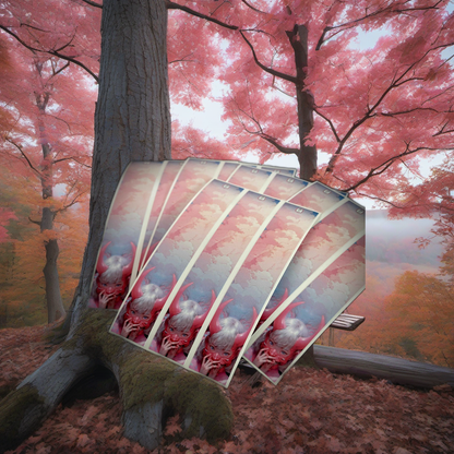Pink ONI Arrow Wraps on a wooden treestand overlooking a misty hardwood forest at dawn. | titlex-scene-whitetail-treestand