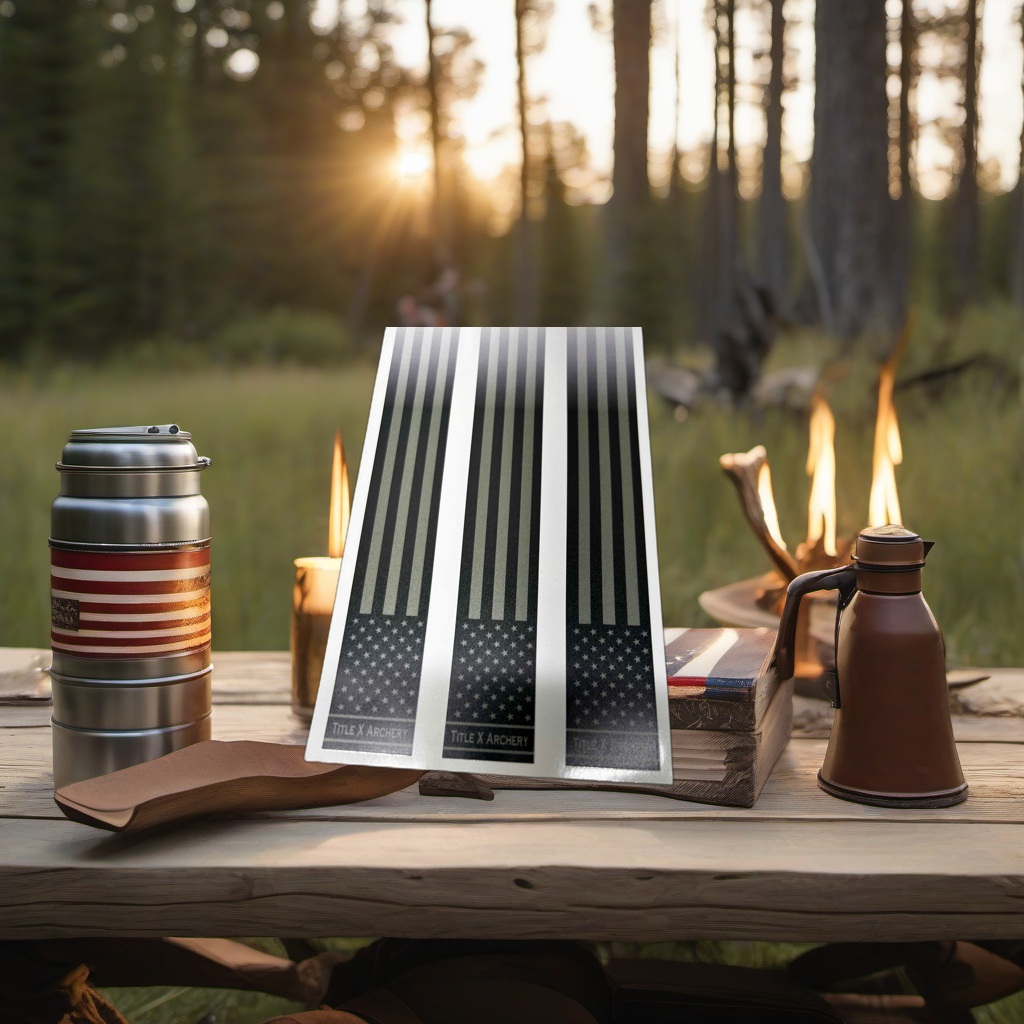 Gray American Flag Arrow wraps on rustic wood at golden hour, perfect Father's Day gift scene. | titlex-scene-fathers-day