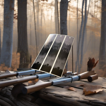 Wolf Pack Arrow Wraps on a wooden treestand overlooking a misty, dawn-lit hardwood timber ridge. | titlex-scene-whitetail-treestand