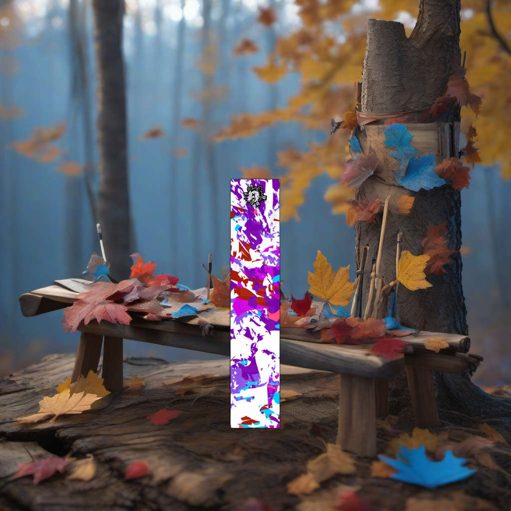 Comic Pop Arrow Wrap on a wooden treestand overlooking a misty, dawn-lit hardwood timber ridge. | titlex-scene-whitetail-treestand