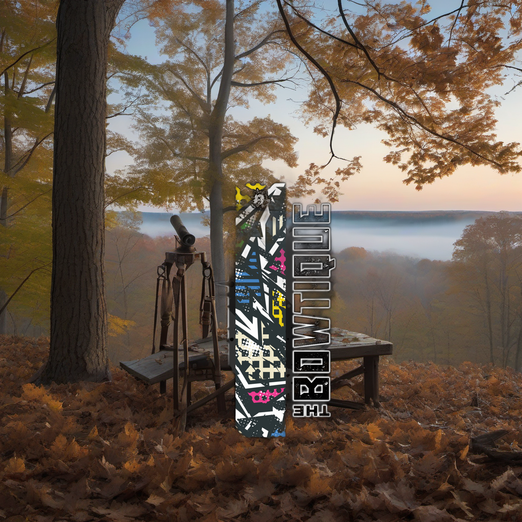 Comic Pop Arrow Wrap on a wooden treestand overlooking a misty Midwest dawn forest. | titlex-scene-whitetail-treestand