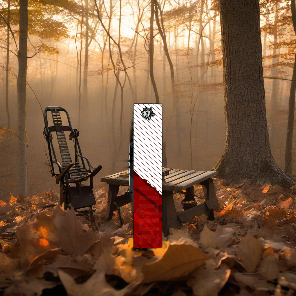 Comic Pop Arrow Wrap on a wooden treestand overlooking a misty Midwest forest at dawn. | titlex-scene-whitetail-treestand