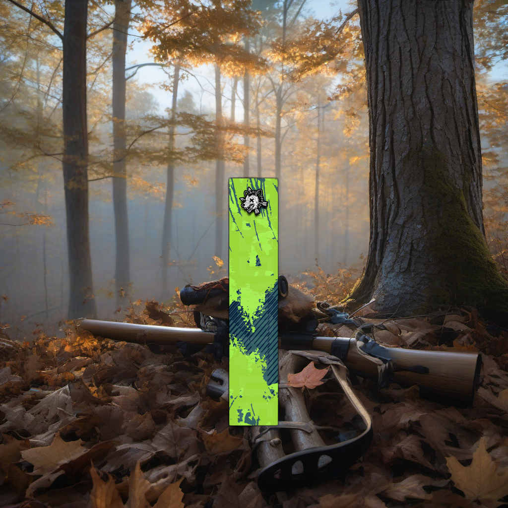 Comic Pop Arrow Wrap on a misty hardwood treestand overlooking a quiet Midwest forest dawn. | titlex-scene-whitetail-treestand