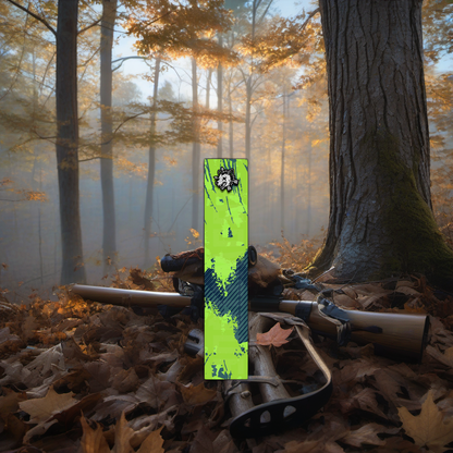 Comic Pop Arrow Wrap on a misty hardwood treestand overlooking a quiet Midwest forest dawn. | titlex-scene-whitetail-treestand
