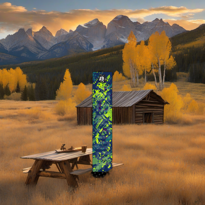 Comic Pop Arrow Wrap on weathered wood, framed by golden aspens and sunset mountains. | titlex-scene-western-elk
