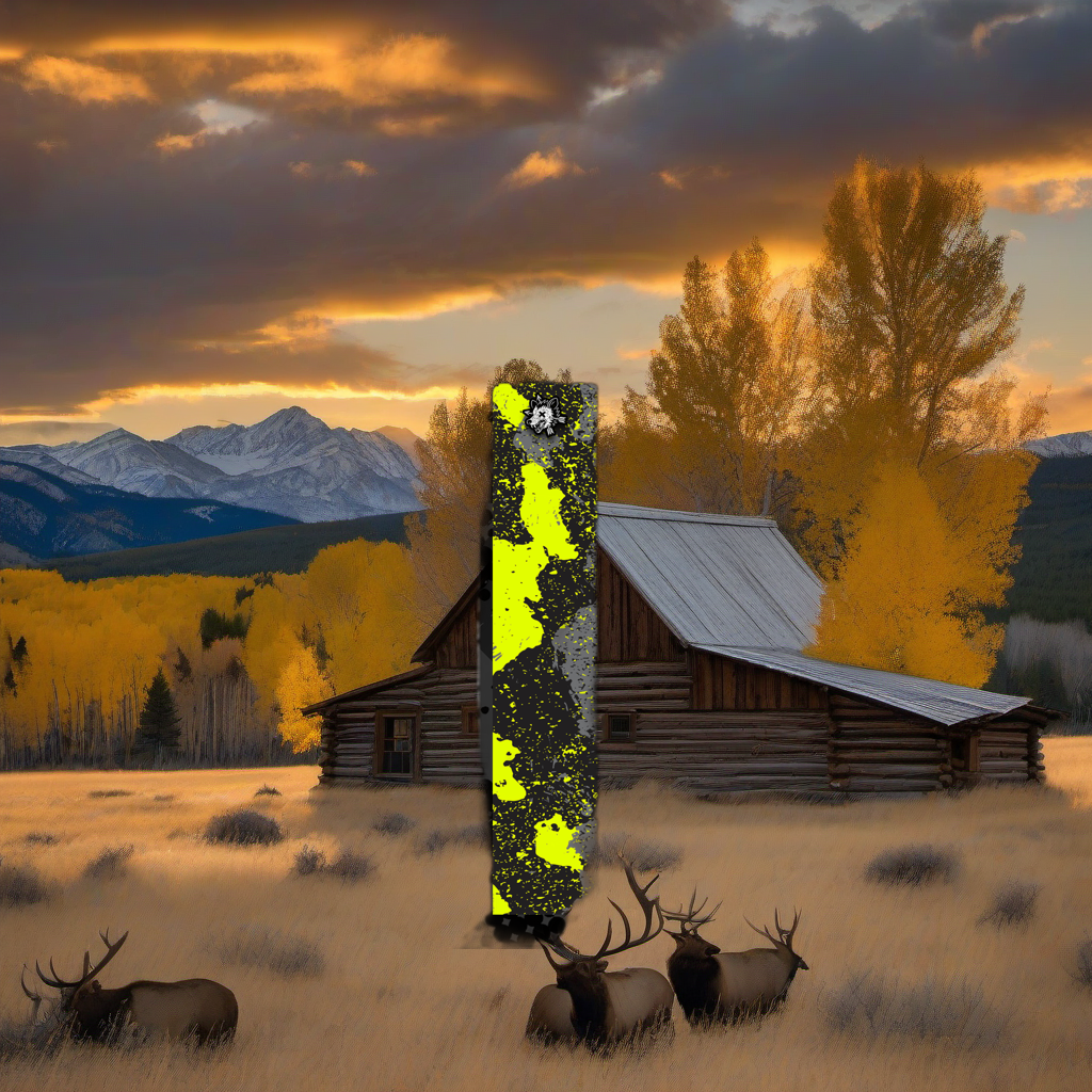 Comic Pop Arrow Wrap on weathered wood, set against golden aspens and mountains at sunset. | titlex-scene-western-elk