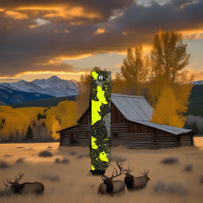 Comic Pop Arrow Wrap on weathered wood, set against golden aspens and mountains at sunset. | titlex-scene-western-elk