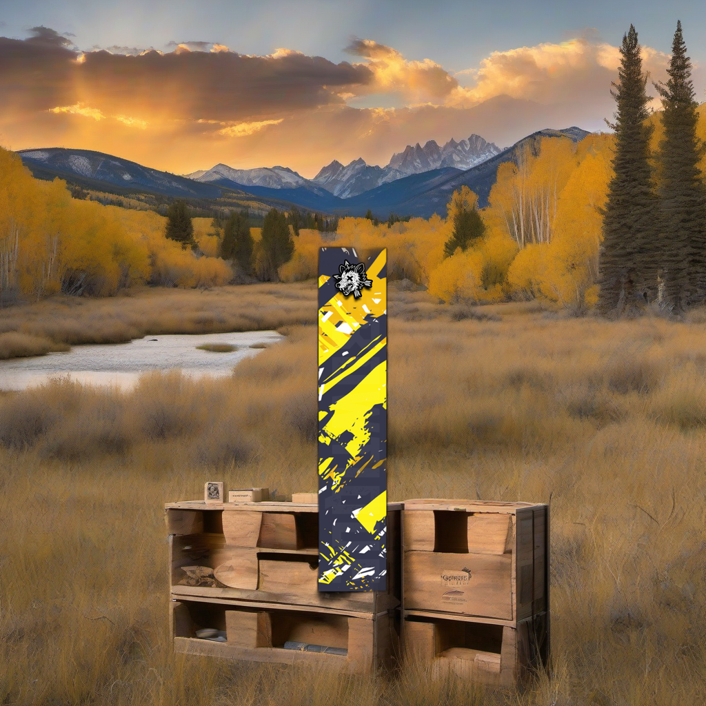 Comic Pop Arrow Wrap on weathered wood, set against golden aspens and distant mountains at sunset. | titlex-scene-western-elk