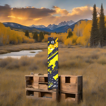 Comic Pop Arrow Wrap on weathered wood, set against golden aspens and distant mountains at sunset. | titlex-scene-western-elk