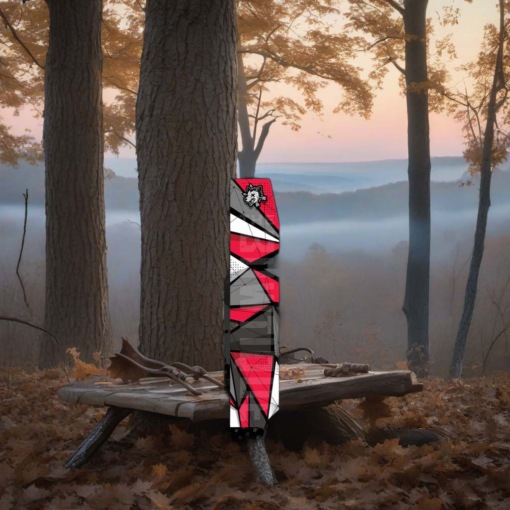 Comic Pop Arrow Wrap on a wooden treestand overlooking a misty Midwest dawn forest. | titlex-scene-whitetail-treestand