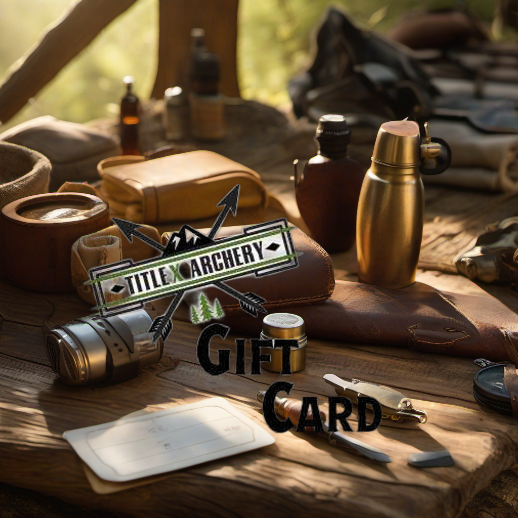 TitleX Archery Gift Card on rustic wood, perfect Father's Day gift in a warm outdoor camp scene. | titlex-scene-fathers-day
