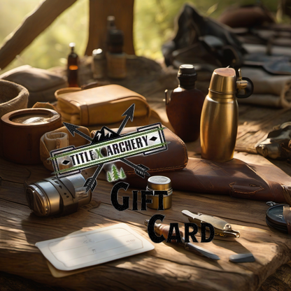 TitleX Archery Gift Card on rustic wood, perfect Father's Day gift in a warm outdoor camp scene. | titlex-scene-fathers-day
