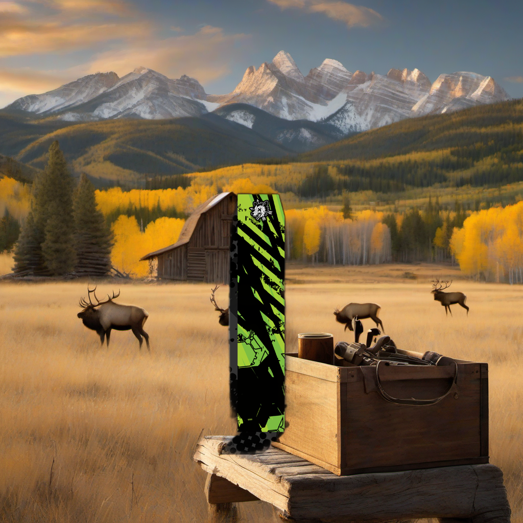 Comic Pop Arrow Wrap on weathered wood in a golden aspen high-country sunset scene. | titlex-scene-western-elk