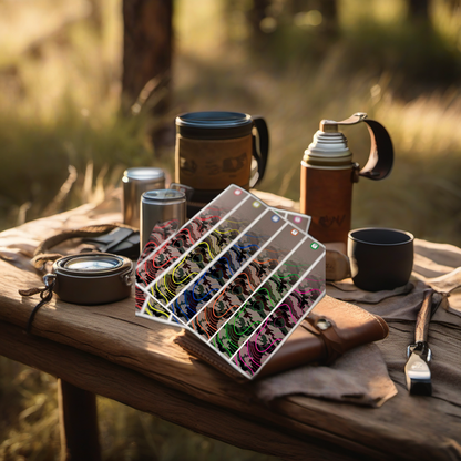 Multicam Topo Arrow Wraps on a rustic table in golden hour camp setting. | titlex-scene-fathers-day
