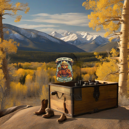 Dry Fire short sleeve on weathered wood, framed by golden aspens and sunset mountain light. | titlex-scene-western-elk