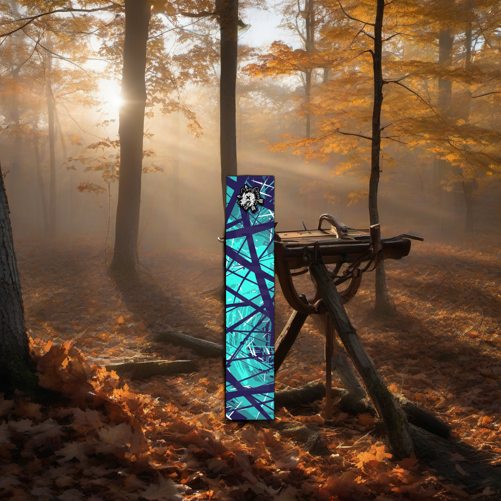 Comic Pop Arrow Wrap on a wooden treestand overlooking a misty Midwest dawn forest. | titlex-scene-whitetail-treestand