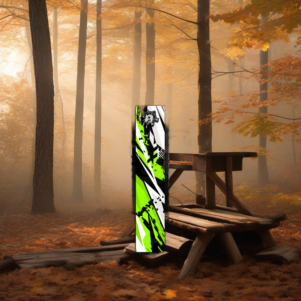Comic Pop Arrow Wrap on a wooden treestand overlooking a misty, dawn-lit hardwood forest. | titlex-scene-whitetail-treestand