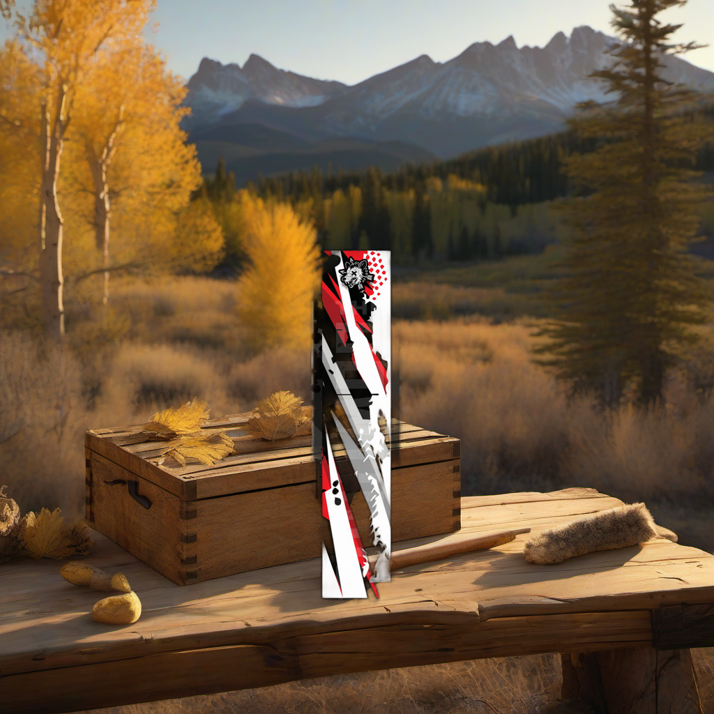 Comic Pop Arrow Wrap on weathered wood in a golden aspen sunset, evoking a Western elk hunting feel. | titlex-scene-western-elk