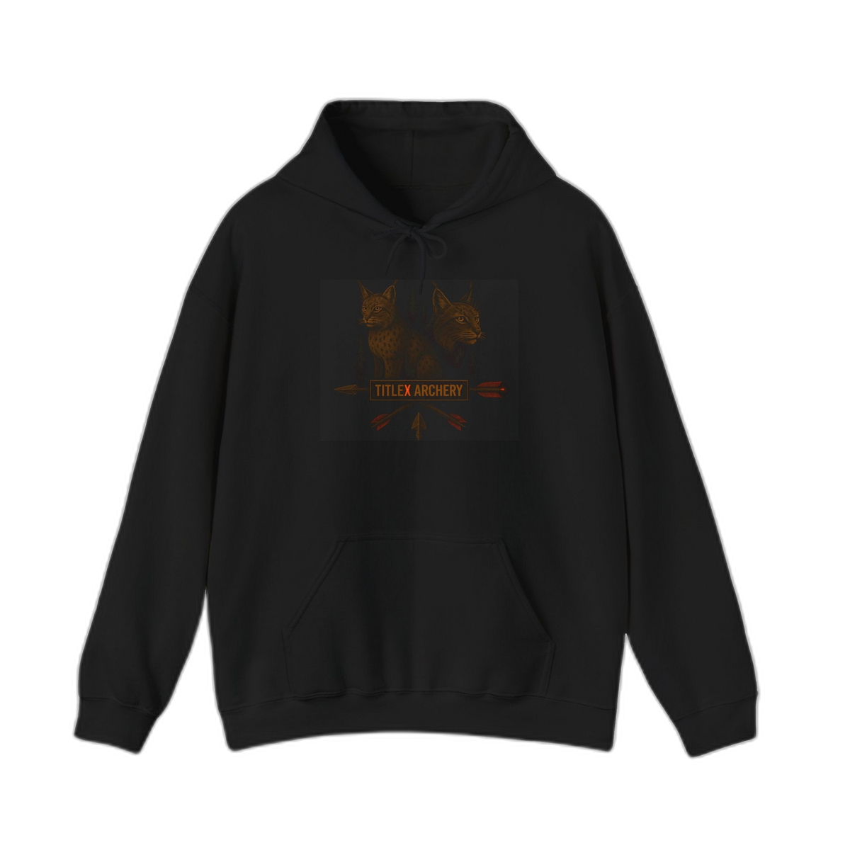 Black hoodie featuring a graphic of two stylized lynx heads and "TITLEX ARCHERY" text. | titlex-cutout