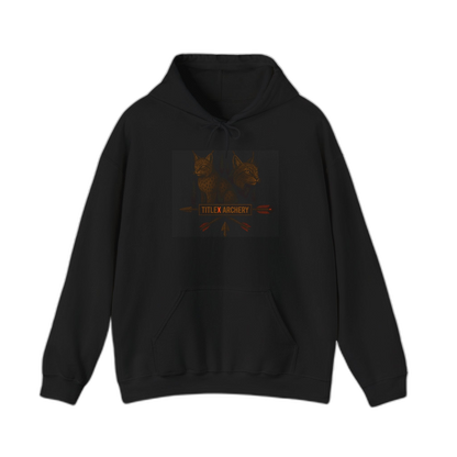 Black hoodie featuring a graphic of two stylized lynx heads and "TITLEX ARCHERY" text. | titlex-cutout