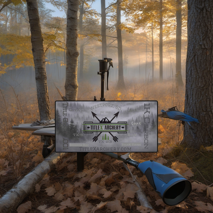 Arrow Wrap Mat #2 on a worn treestand overlooking a misty hardwood forest at dawn. | titlex-scene-whitetail-treestand