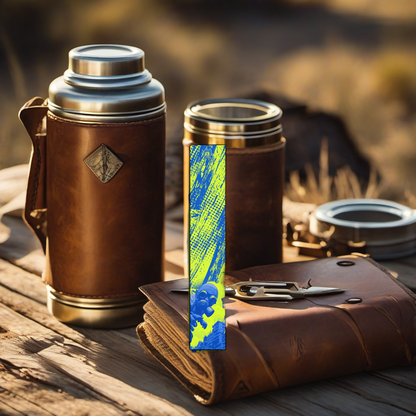 Radioactive Rodeo arrow wraps on rustic wood, golden hour camp scene, Father's Day gift. | titlex-scene-fathers-day