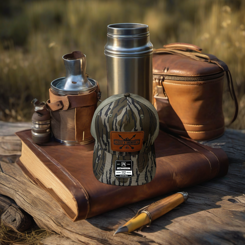 Camouflage trucker hat on rustic wood, styled for Father's Day gift in golden hour camp setting. | titlex-scene-fathers-day