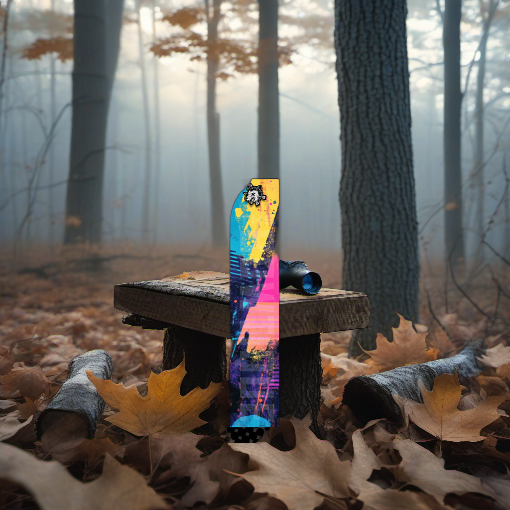 Comic Pop Arrow Wrap on a wooden treestand overlooking a misty, dawn-lit hardwood timber ridge. | titlex-scene-whitetail-treestand